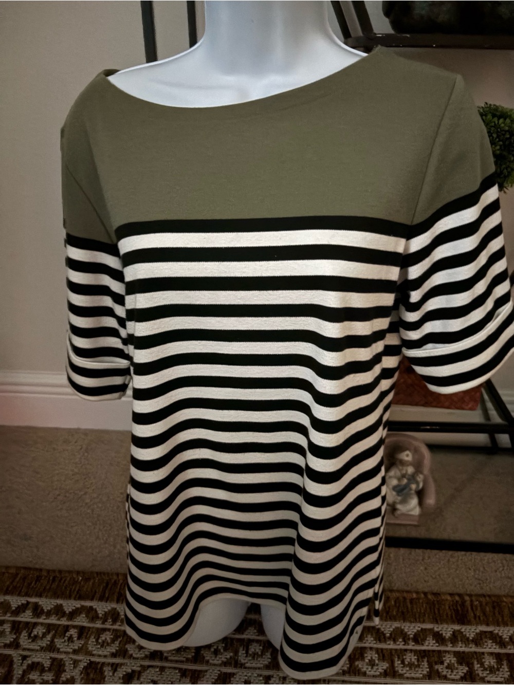 karen scott womens medium green black white stripe short sleeve top